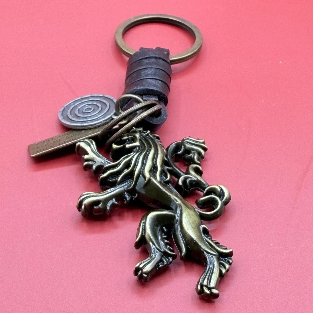 Lannister Lion Keychain Bronze Tone Leather Charm Game of Thrones Style Gift